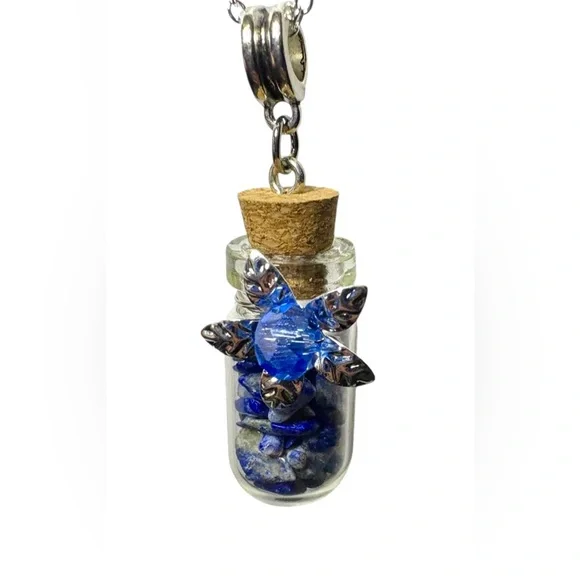 Wishing Bottle with Gemstone Chips and Crystal Center Flower on 925 Chain - Picture 11 of 14